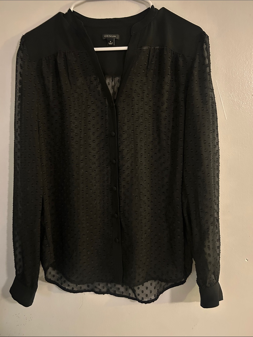 Ann Taylor Black Sheer Swiss Dot Button-Front Blouse